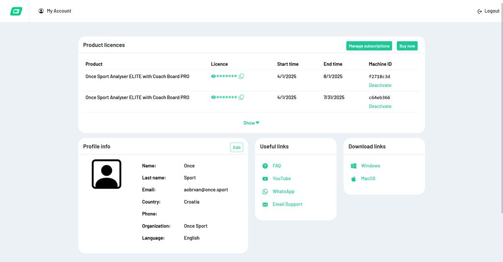 Once Sport Dashboard 2025 Redesign The redesigned Once Sport online dashboard showing user licenses and connected devices.